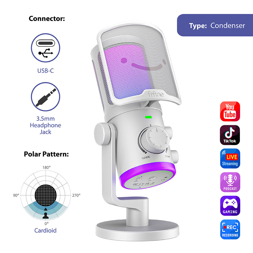 FIFINE AM6 Condenser RGB USB Microphone with chat and gaming volume preference knob, White