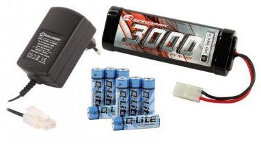 Starsæt til fjernstyret el-bil. Batteri 7.2V NiMh, lader og AA-batterier