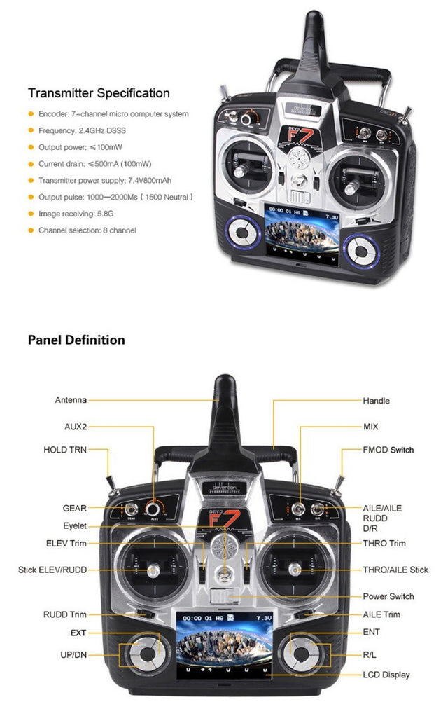 Devo F7 7-kanalers anlæg med indbygget skærm samt FPV og kamera