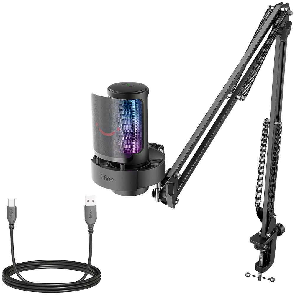 FIFINE A8T Condenser RGB USB Microphone with Adjustable Arm Stand, Black