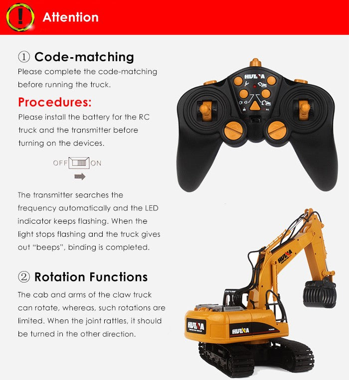 HUINA 1570 1:14 2.4GHz 16CH RC Alloy Log Grabber Truck - RTR - YELLOW