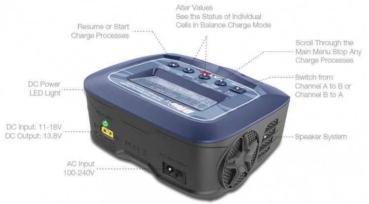 Dobbeltlader SkyRC D100-V2 Dual Charger 2x100W 240VAC/12VDC