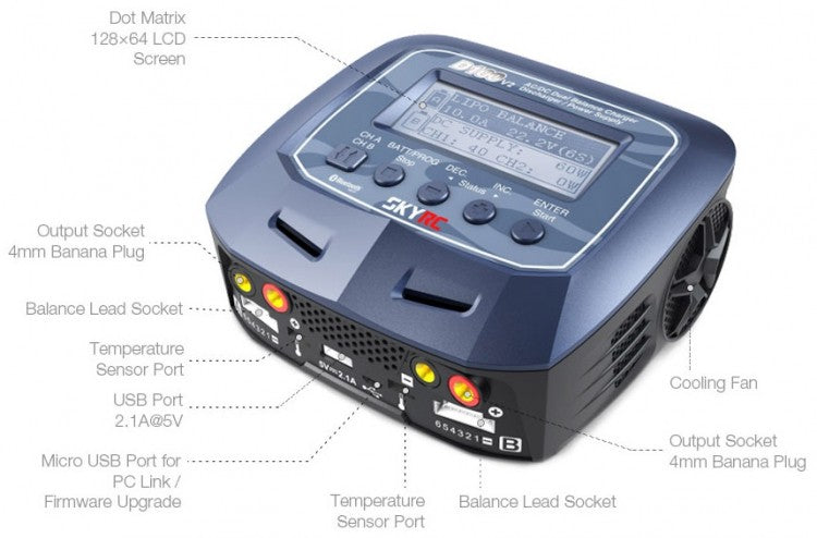 Dobbeltlader SkyRC D100-V2 Dual Charger 2x100W 240VAC/12VDC