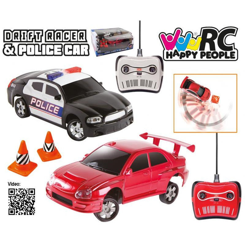 2 fjernstyrede biler - drift- og politibil med lys og lyd
