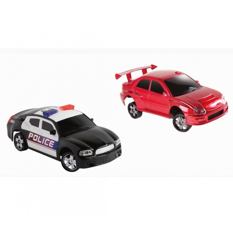2 fjernstyrede biler - drift- og politibil med lys og lyd