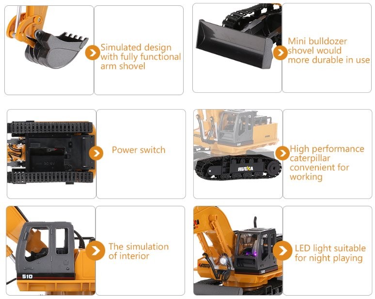 DEMO - Fjernstyret gravemaskine m. skraber, lys og lyd - 11 funktioner!