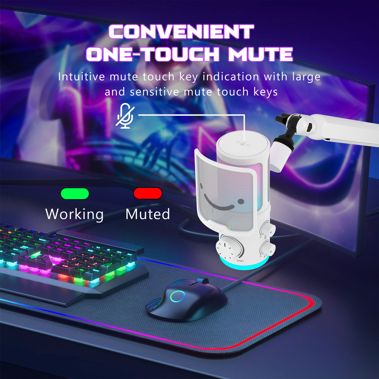 FIFINE AM6 Condenser RGB USB Microphone with chat and gaming volume preference knob, White