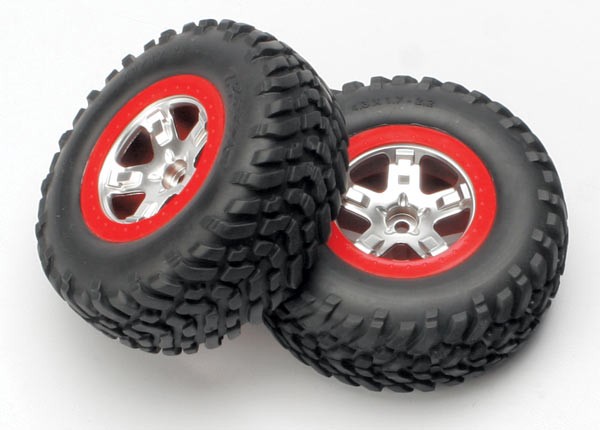 Traxxas 5875A Tires & wheels, assembled, glued (SCT satin chrome, red beadlock style