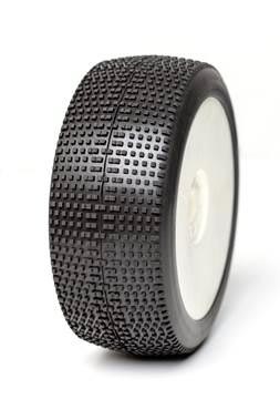 AKA 14021XRW - P-One 1:8 Buggy Tyre Soft Longwear on white Evo Wheels 2 pcs