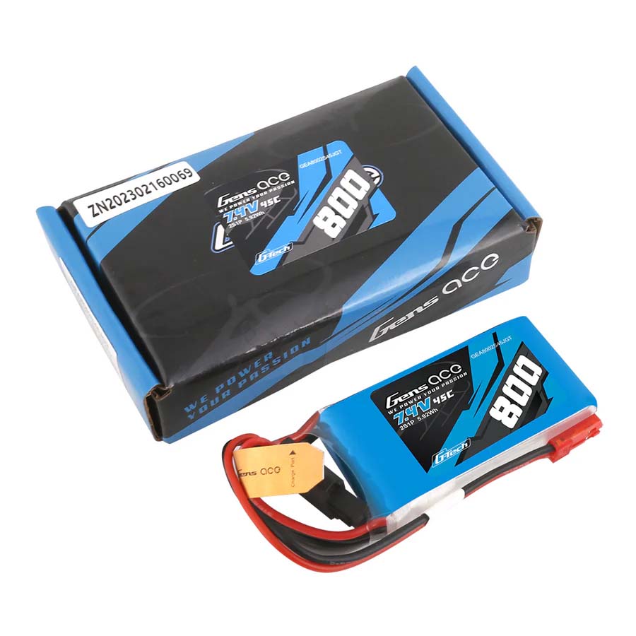 GENS ACE GE1-0800-2JGT - Gensace Batterie LiPo 2S 7.4V-800-45C JST 55x30x16mm 50g G-Tech
