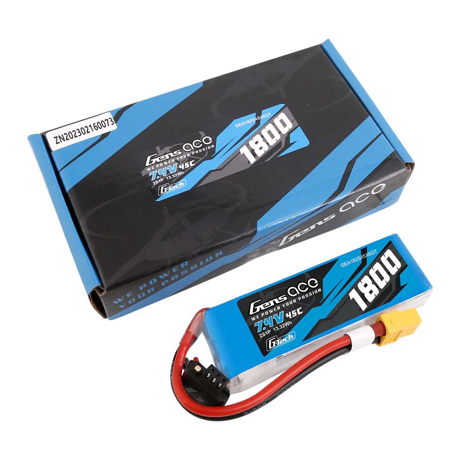 GENS ACE GE1-1800-2X6GT - GensAce Soaring LiPo 2S 7.4V-1800-45CXT60 90x30x17mm 111g G-Tech