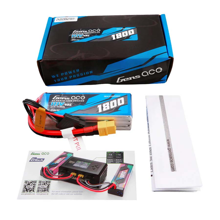 GENS ACE GE1-1800-3X6GT - GensAce Soaring LiPo 3S 11.1V-1800-45CXT60 92x31x25mm 153g G-Tech