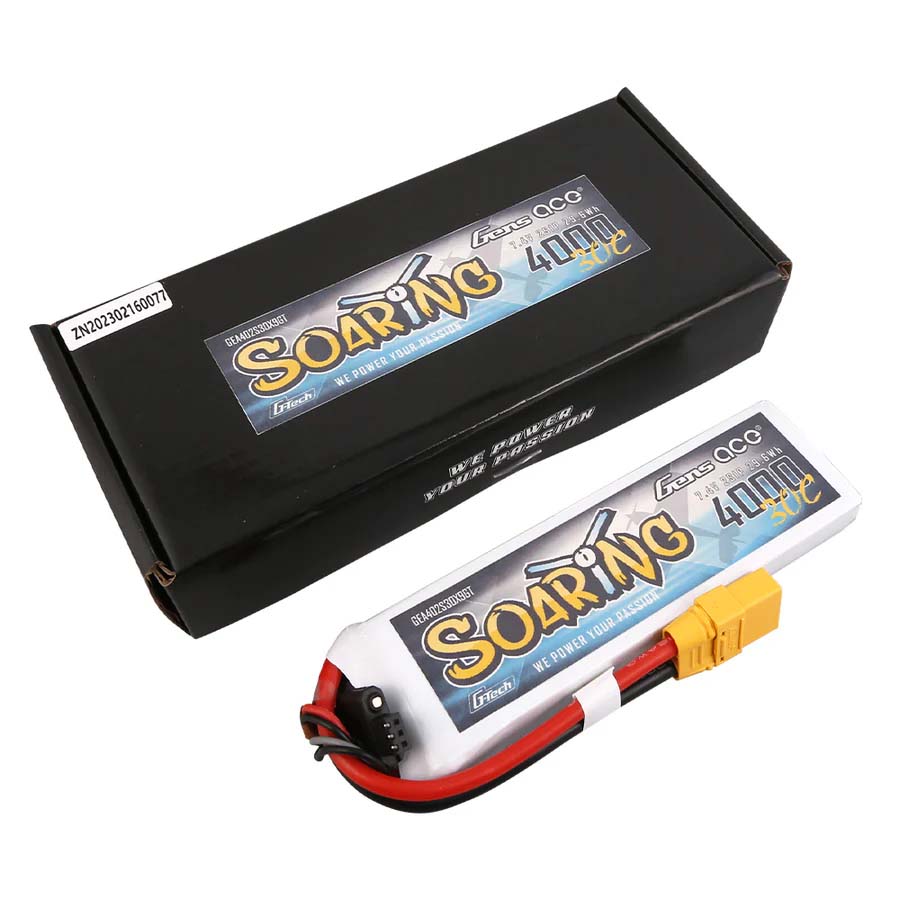 GENS ACE GE1-4000-2X9GT - GensAce Soaring LiPo 2S 7.4V-4000-30C XT90 133x41.5x15.5mm 208g GT