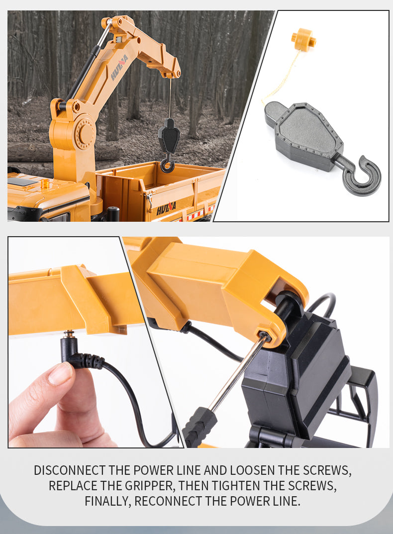 Fjernstyret Huina lastbil med tiplad, kran og EKSTRA tilbehør - skala 1:18