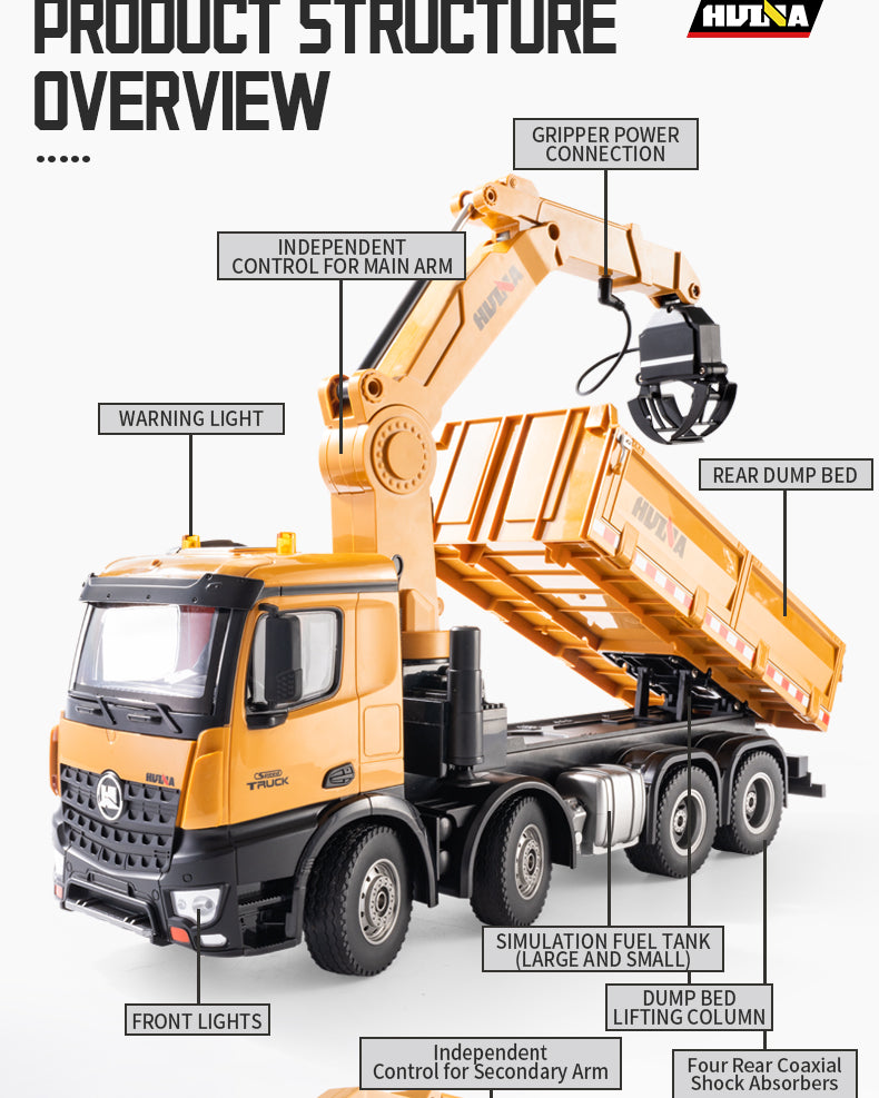 Fjernstyret Huina lastbil med tiplad, kran og EKSTRA tilbehør - skala 1:18