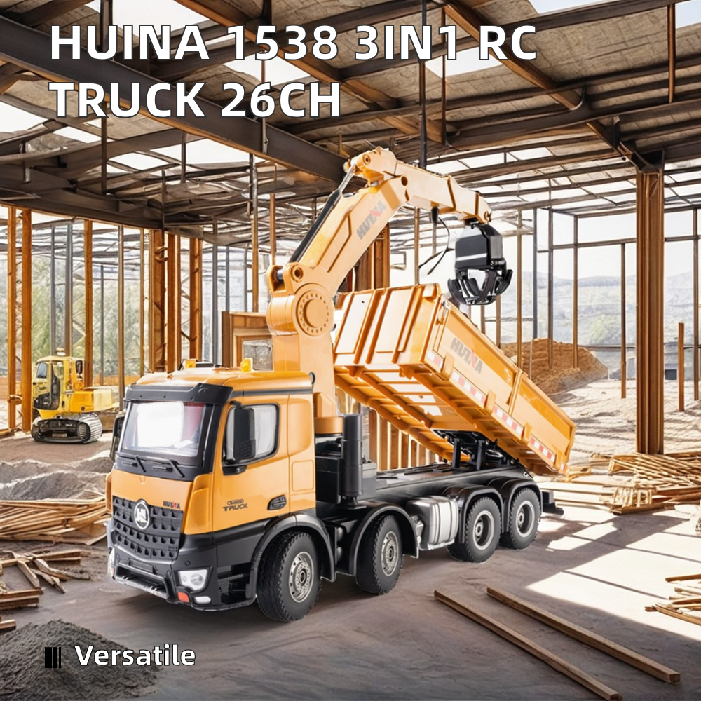 Fjernstyret Huina lastbil med tiplad, kran og EKSTRA tilbehør - skala 1:18