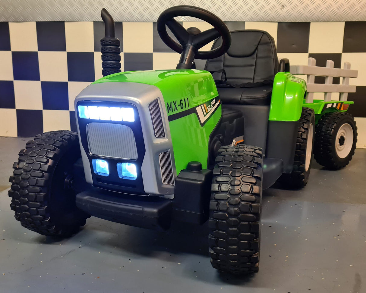 Children's battery tractor 12 volts with trailer and RC green