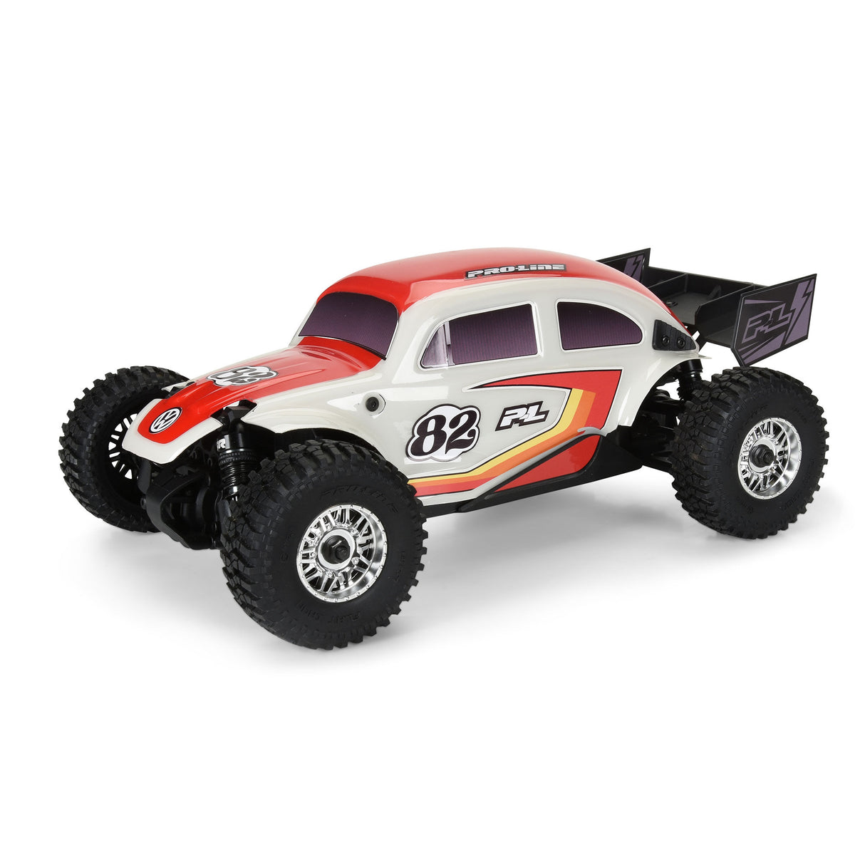 Class 1 VW Bug Red Race Body Conversion Kit and Flat Iron Tires Mounted 12mm Chrome Diablo (4) for Arrma Typhon Grom