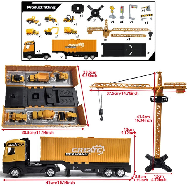 Bulldozer Tower Crane Truck Excavator Toys Set