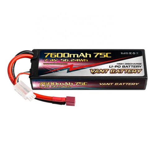 7.4v 2S 7600mAh 75c LiPo batteri Tplug Deans stik - hardcase