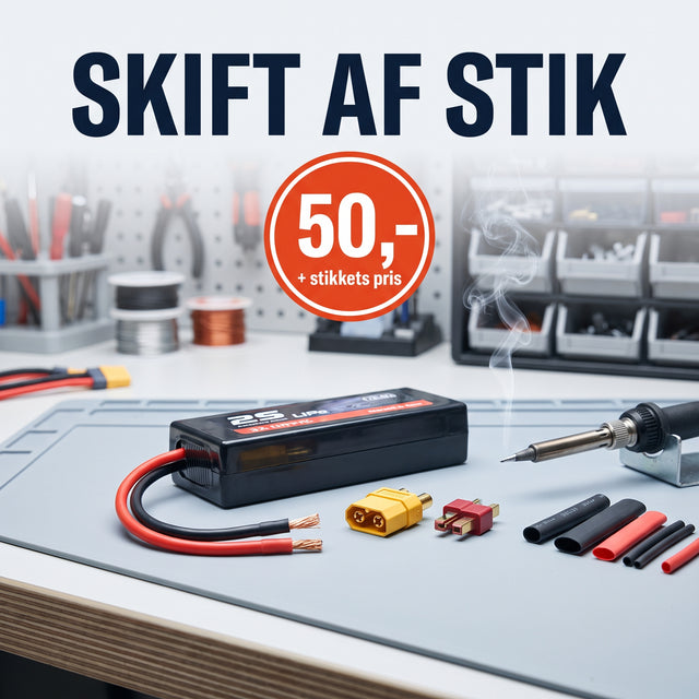 Skift af stik på batteri — 50 kr. + stikkets pris