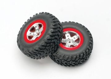 Traxxas 5873A Tires &amp; Wheels SCT/SCT Satin Chrome-Red 4WD/2WD Rear (2)