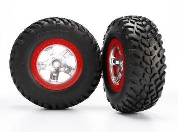 Traxxas 5873R Tires &amp; Wheels SCT S1/SCT Satin Chrome-Red 4WD/2WD Rear (2)
