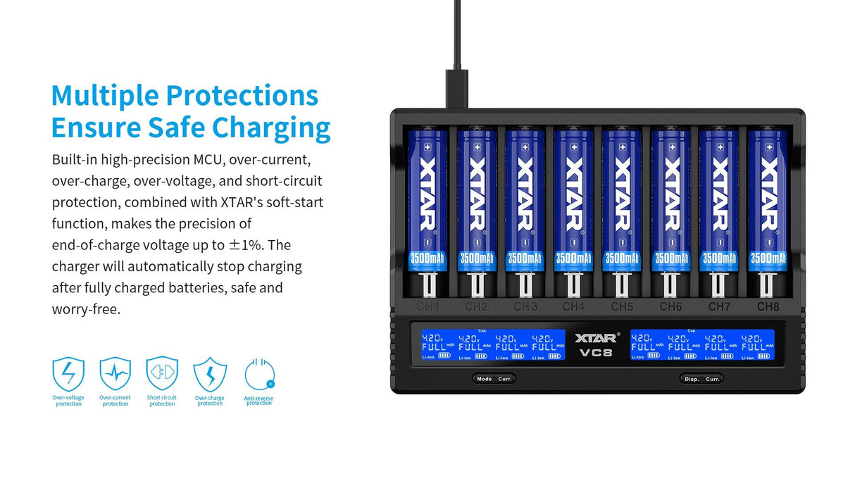 Xtar VC8 oplader til 8 stk Li-ion / Ni-Mh batterier
