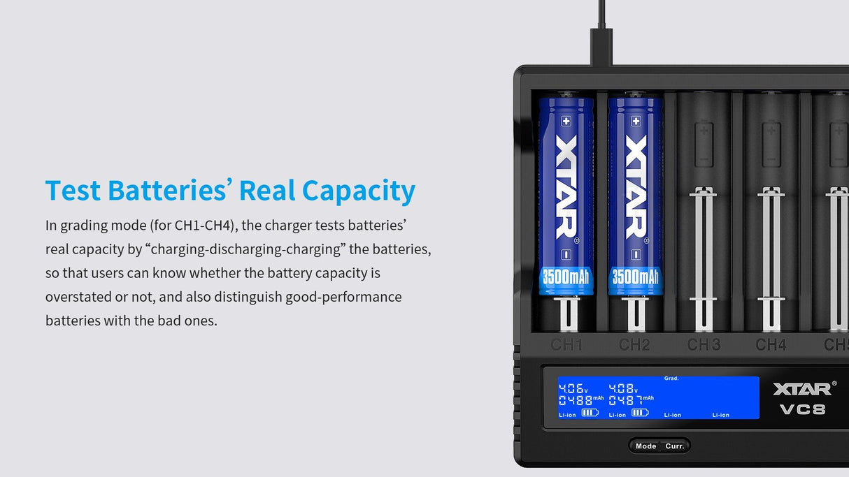 Xtar VC8 oplader til 8 stk Li-ion / Ni-Mh batterier
