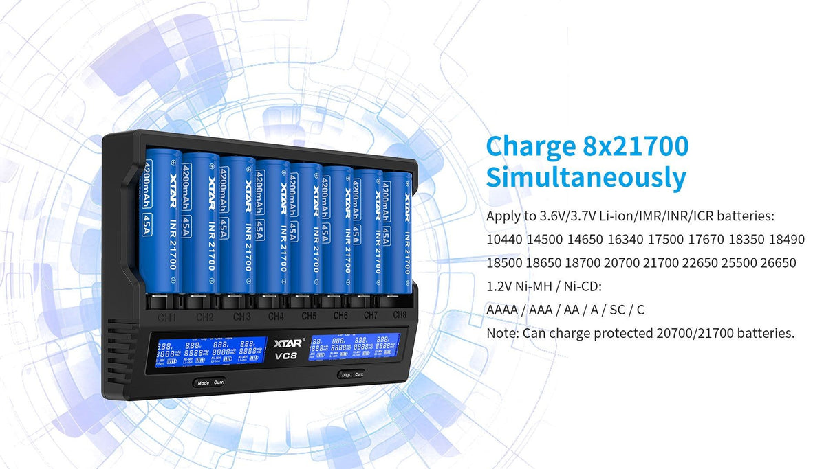 Xtar VC8 oplader til 8 stk Li-ion / Ni-Mh batterier