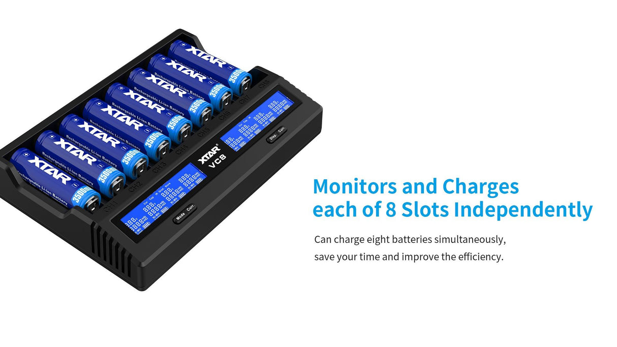 Xtar VC8 oplader til 8 stk Li-ion / Ni-Mh batterier