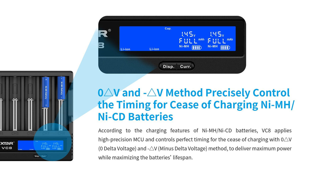Xtar VC8 oplader til 8 stk Li-ion / Ni-Mh batterier