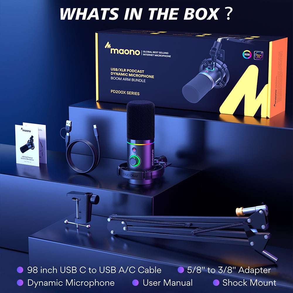 MAONO PD200XS Dynamic RGB USB/XLR Microphone with Arm Stand — For Creators, Streamers &amp; Podcasters