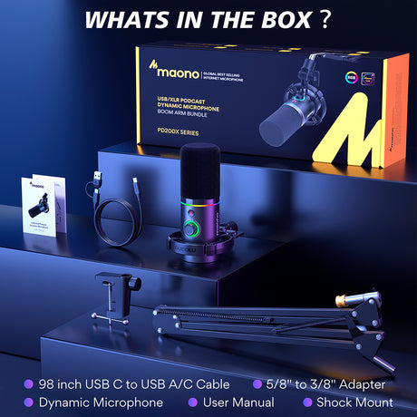 MAONO PD200XS Dynamic RGB USB/XLR Microphone with Arm Stand — For Creators, Streamers &amp; Podcasters