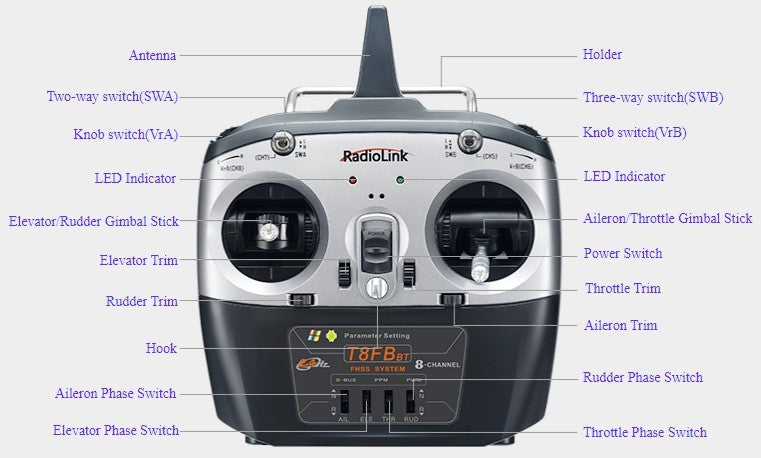 Fjernbetjening m. 8 kanaler T8FB - Mode 2 -  m. R8EF Receiver
