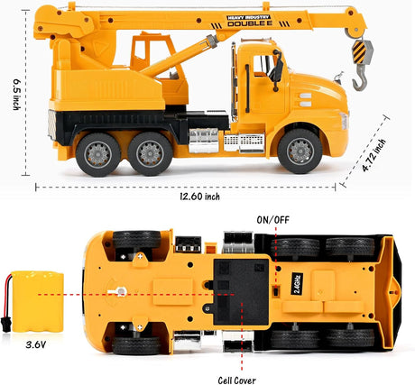 Kranbilens mål: 32 cm lang, 16,5 cm høj (35,3 cm med udslået kran)