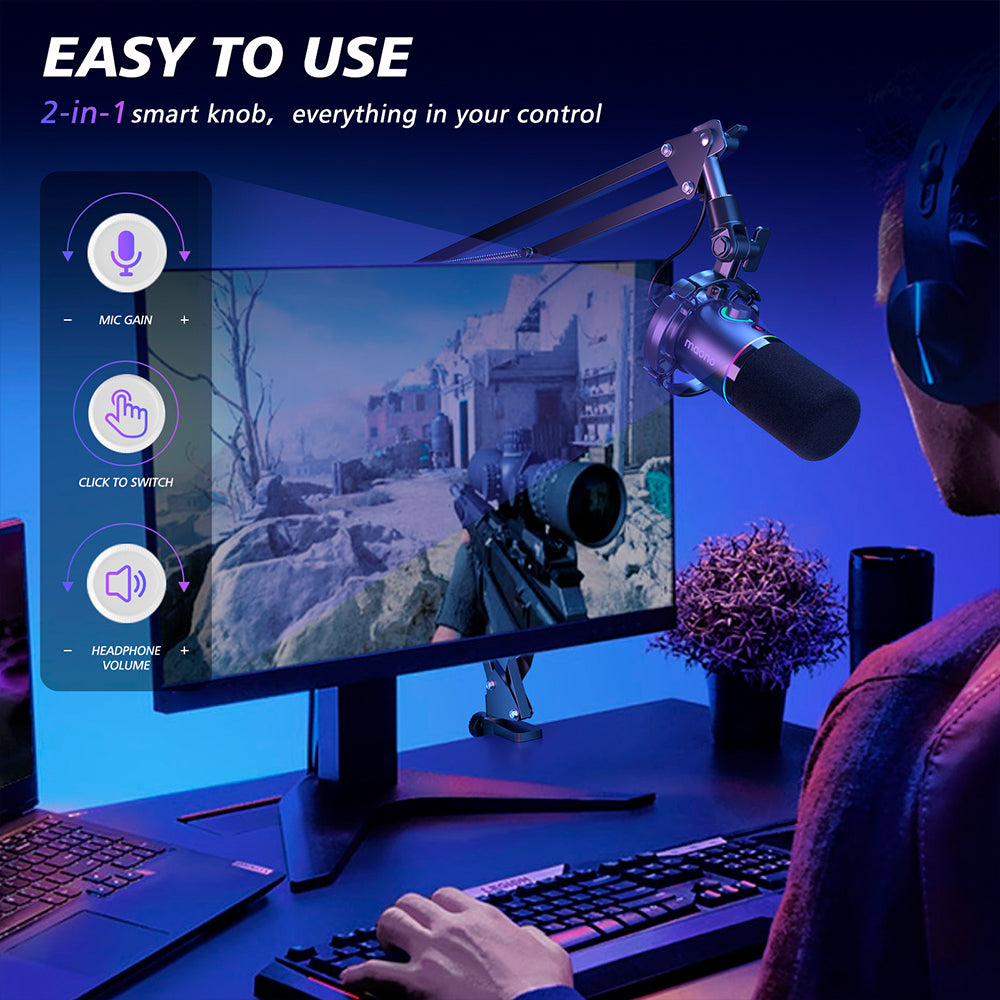 MAONO PD200XS Dynamic RGB USB/XLR Microphone with Arm Stand — For Creators, Streamers &amp; Podcasters