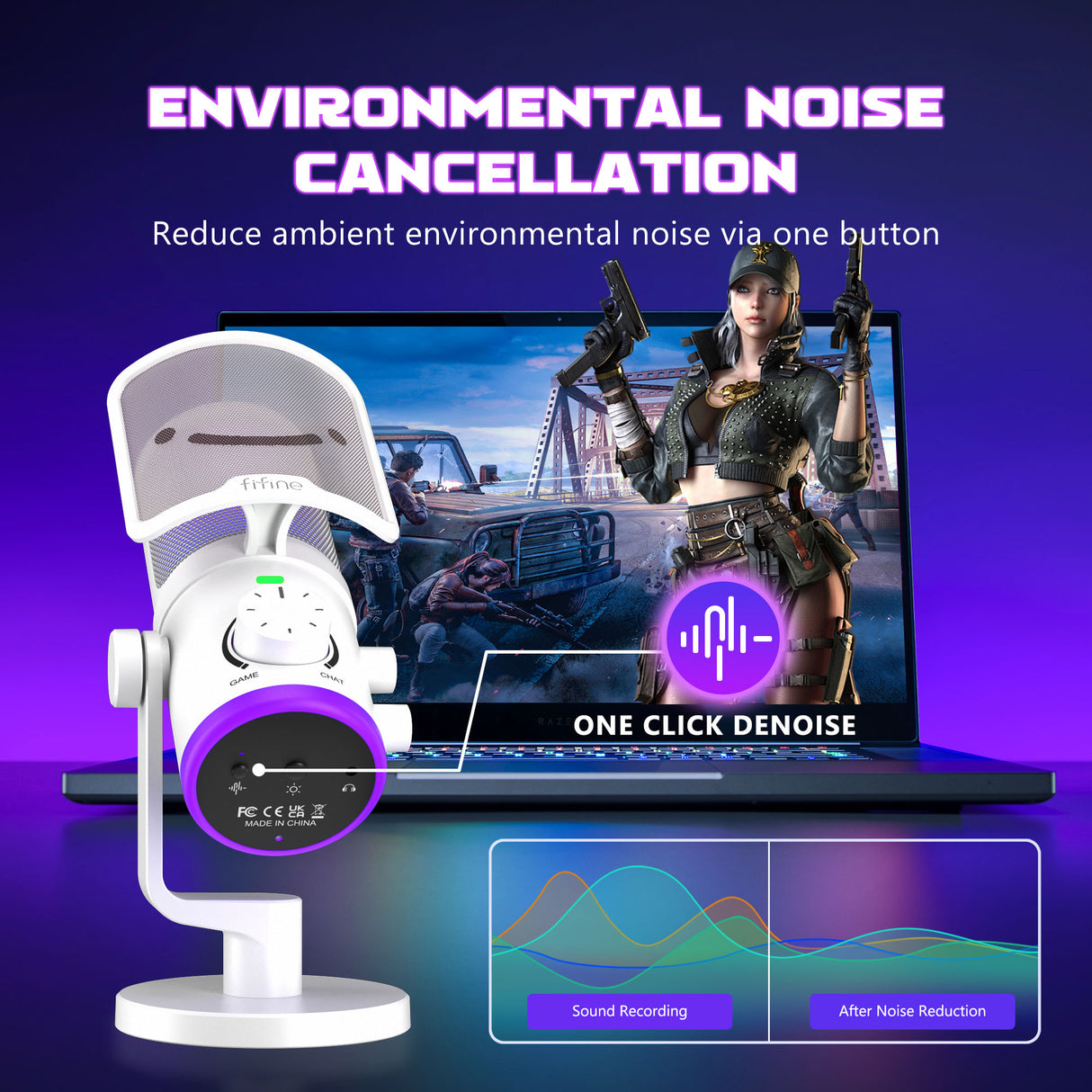 FIFINE AM6 Condenser RGB USB Microphone with chat and gaming volume preference knob, White