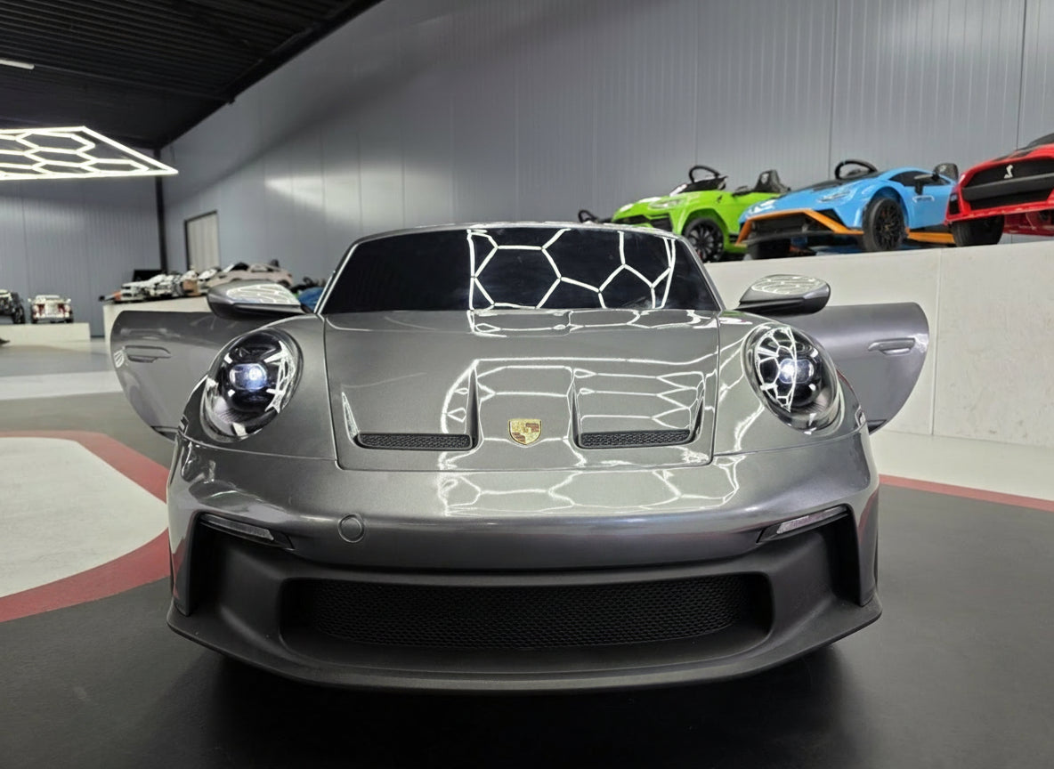 Porsche 911 24 volt GT3 ride on car metallic gray
