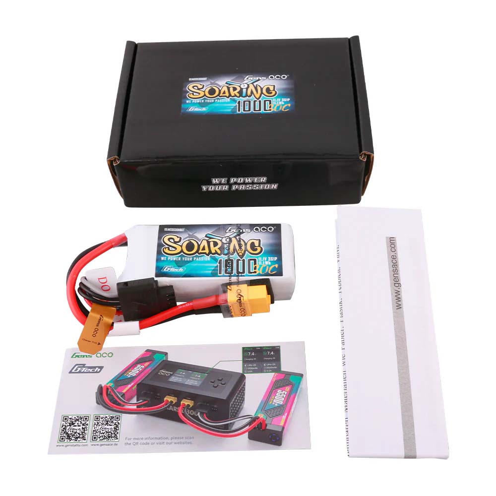 GENS ACE GE1-1000-2X6GT - GensAce Soaring LiPo 2S 7.4V-1000-30C XT60 69.5x54x11mm 63g G-Tech