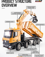 Fjernstyret Huina lastbil med tiplad, kran og EKSTRA tilbehør - skala 1:18