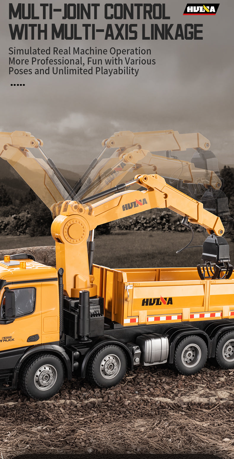 Fjernstyret Huina lastbil med tiplad, kran og EKSTRA tilbehør - skala 1:18