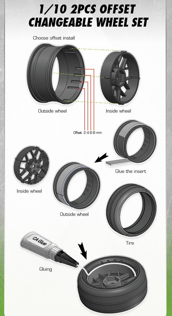 Tires &amp; Wheels Drift / 5-Spoke Matte Black (2,4,6,8mm Offset) 12mm Hex (4)