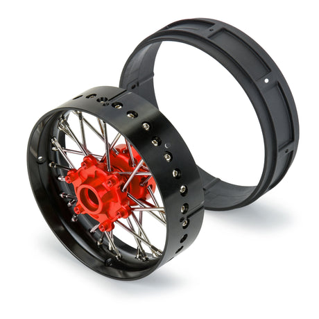 Pro-Spec Aluminum V2 Bead Front Wheel Assembled, Black/Red for Losi Promoto-SM