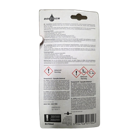 Droppen Universal Epoxylim bagside med brugsanvisning