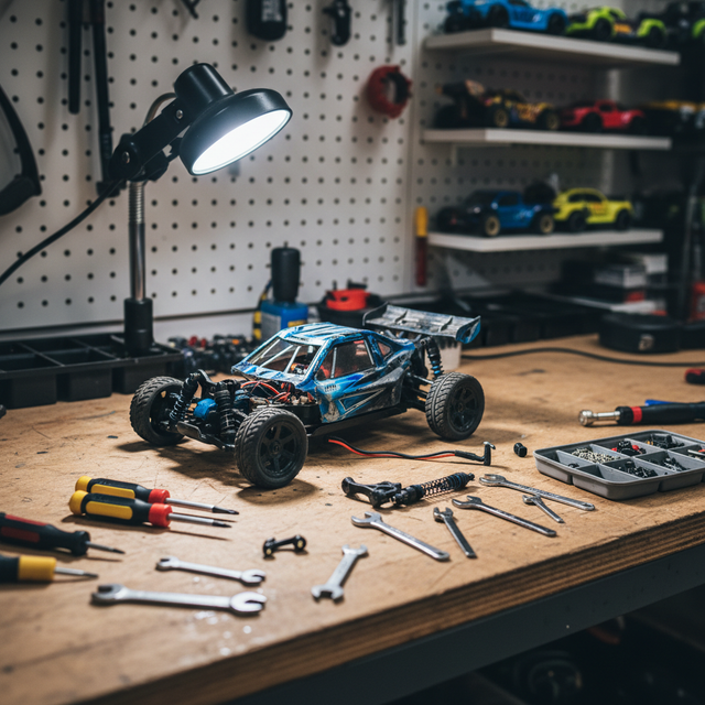 lav et 15x15 billede til en webshop. Billede skal vise at en fjernstyret bil eller båd har været på værksted. Ikonet er til brug på en vare som kunder kan købe hvis de vil have en vare på værksted. Det skal være af en bil.
Det skal være et realistisk billede Det skal se ud som at den er på værksted med lidt værktøj omkring.