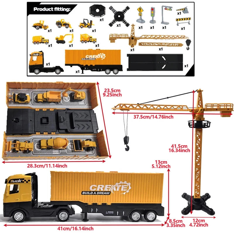 Bulldozer Tower Crane Truck Excavator Toys Set