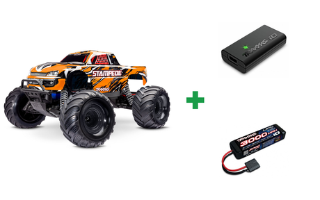 Kombopakke: Stampede 2WD 1/10 RTR TQ EHD BlueX USB-C - With Battery/Charger + USB-C lader og 2S batteri