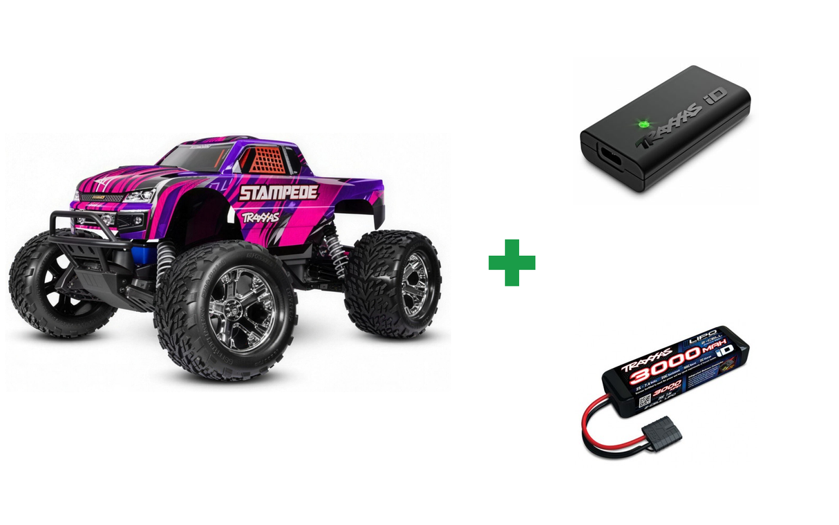 Kombopakke: Traxxas 36254-8 Stampede 2WD 1/10 RTR TQ EHD USB-C - With Battery/Charger + USB-C lader og 2S batteri
