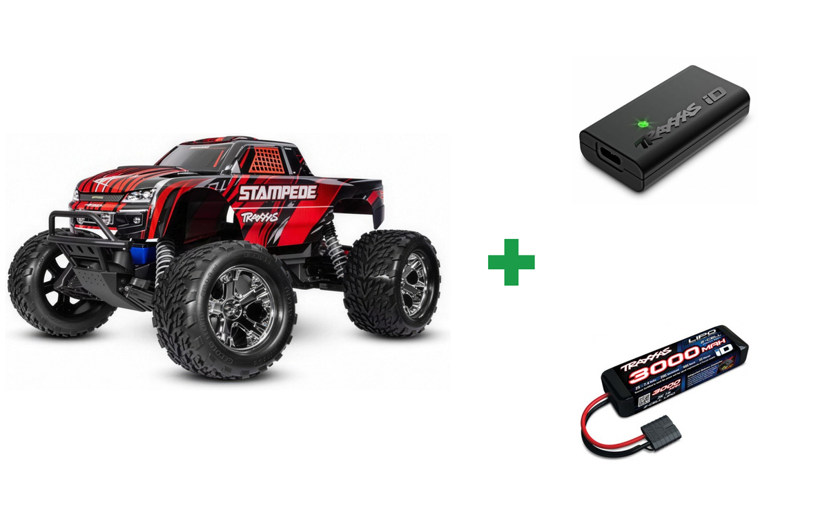 Kombopakke: Traxxas 36254-8 Stampede 2WD 1/10 RTR TQ EHD USB-C - With Battery/Charger + USB-C lader og 2S batteri